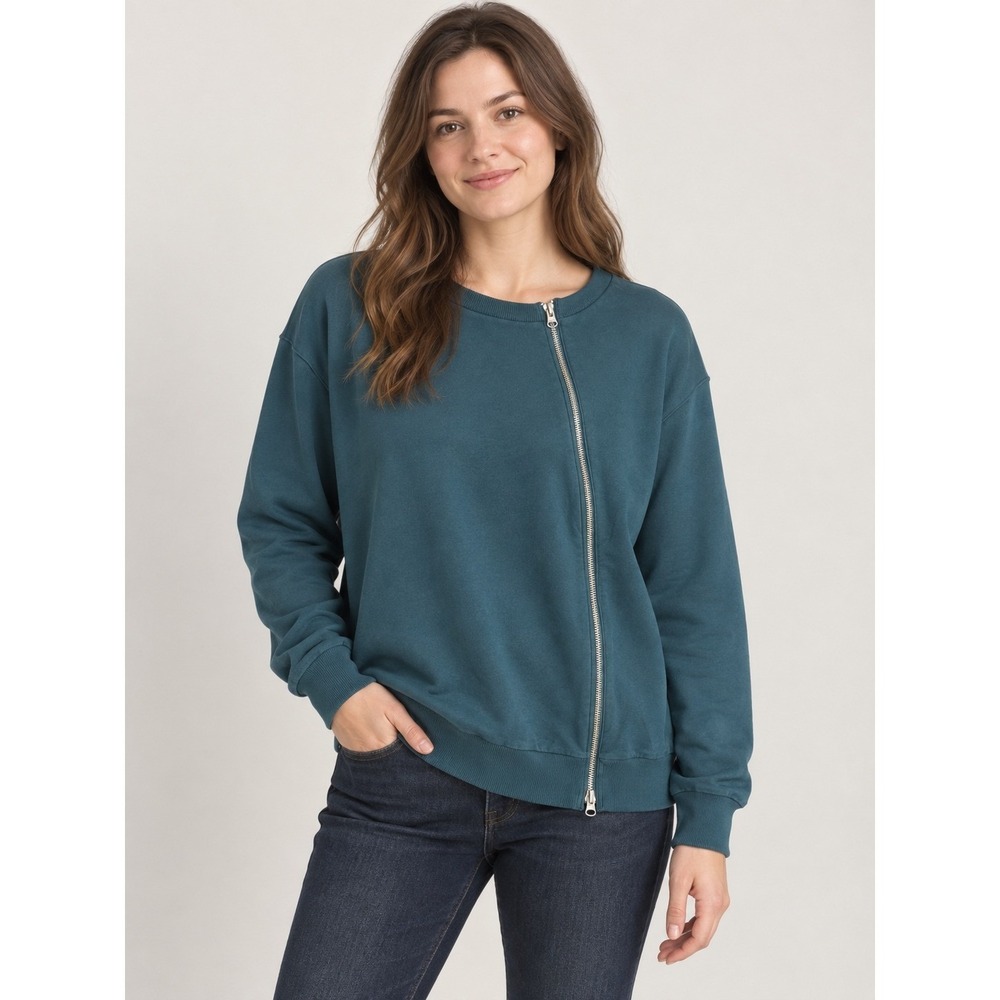 Universal Standard Womens M Teal Sweatshirt Asymmetrical Zip Pullover Cotton